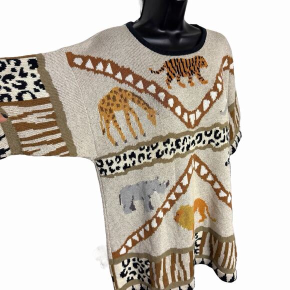 VTG NOVELTY ANIMAL PRINT SWEATER 80s 90s JUNGLE SAFARI LION TIGER GIRAFFE SZ L - Picture 2 of 5